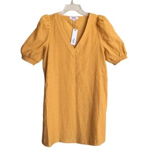 BB Dakota Dress Mini Marigold Yellow Textured Gauze Puffed Sleeves V-neck